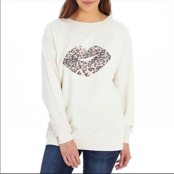 Wildfox Cheetah Kiss Lips Oversized Sweatshirt Cream Pink XL - Picture 1 of 9